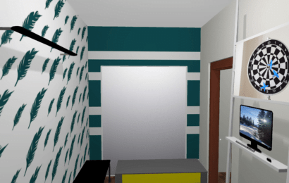 Plan type d'une petite chambre avec recoin aménagée en Espace Forme vue 2 : une barre de traction, un miroir, un banc de muscu, un step, un écran, un jeu de fléchettes, un tapis