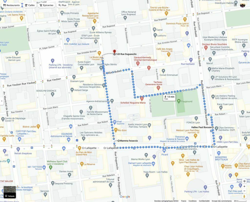 Plan google avec un exemple de trajet à pied mesuré dans son quartier